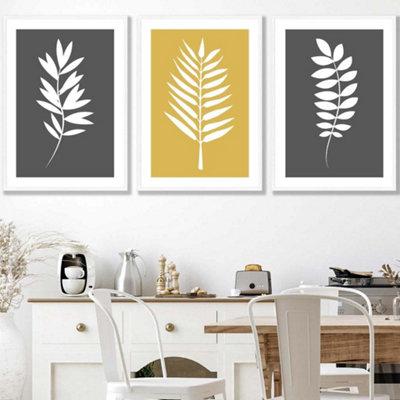 Artze Wall Art Set Of 3 Grey Yellow Graphical Leaves Wall Art Prints / 50X70Cm / White Frame from B&Q