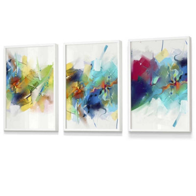 Artze Wall Art Set Of 3 Abstract Colourful Pink Blue Yellow Mixed Media Fractal Wall Art Prints / 30X42Cm (A3) / White Frame from B&Q