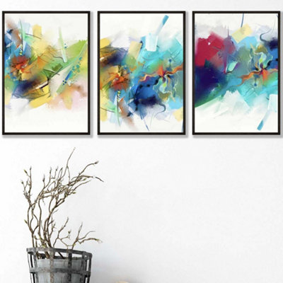 Artze Wall Art Set Of 3 Abstract Colourful Pink Blue Yellow Mixed Media Fractal Wall Art Prints / 42X59Cm (A2) / Black Frame from B&Q