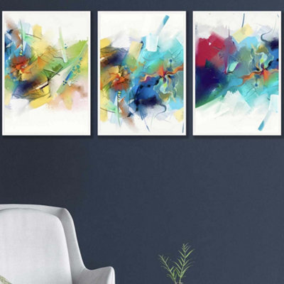 Artze Wall Art Set Of 3 Abstract Colourful Pink Blue Yellow Mixed Media Fractal Wall Art Prints / 42X59Cm (A2) / White Frame from B&Q