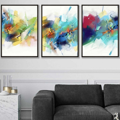 Artze Wall Art Set Of 3 Abstract Colourful Pink Blue Yellow Mixed Media Fractal Wall Art Prints / 50X70Cm / Black Frame from B&Q