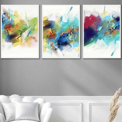 Artze Wall Art Set Of 3 Abstract Colourful Pink Blue Yellow Mixed Media Fractal Wall Art Prints / 50X70Cm / White Frame from B&Q