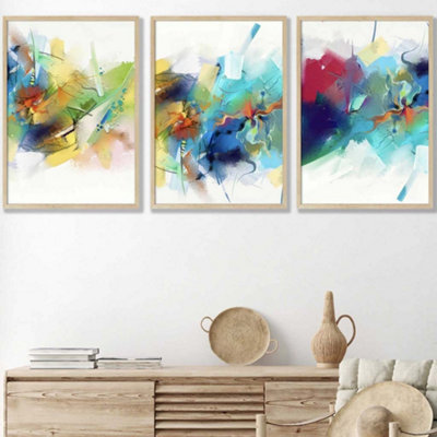 Artze Wall Art Set Of 3 Abstract Colourful Pink Blue Yellow Mixed Media Fractal Wall Art Prints / 50X70Cm / Oak Frame from B&Q