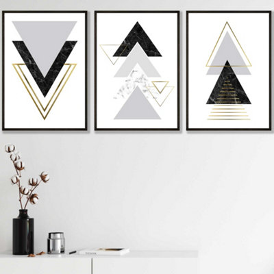 Artze Wall Art Set Of 3 Black Grey Geometric Triangle Set Wall Art Prints / 30X42Cm (A3) / Black Frame from B&Q