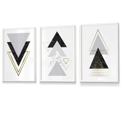 Artze Wall Art Set Of 3 Black Grey Geometric Triangle Set Wall Art Prints / 30X42Cm (A3) / White Frame from B&Q