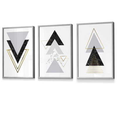 Artze Wall Art Set Of 3 Black Grey Geometric Triangle Set Wall Art Prints / 30X42Cm (A3) / Light Grey Frame from B&Q