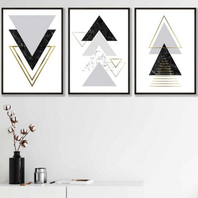 Artze Wall Art Set Of 3 Black Grey Geometric Triangle Set Wall Art Prints / 42X59Cm (A2) / Black Frame from B&Q