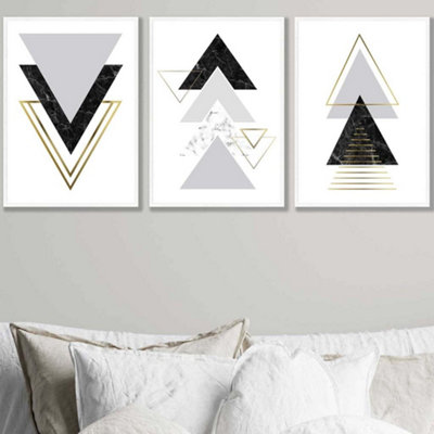 Artze Wall Art Set Of 3 Black Grey Geometric Triangle Set Wall Art Prints / 42X59Cm (A2) / White Frame from B&Q