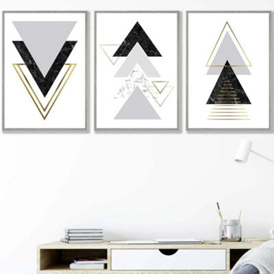 Artze Wall Art Set Of 3 Black Grey Geometric Triangle Set Wall Art Prints / 42X59Cm (A2) / Light Grey Frame from B&Q