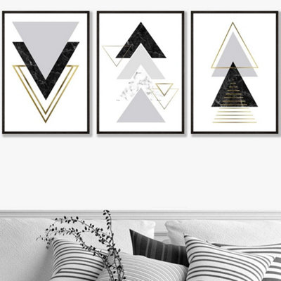 Artze Wall Art Set Of 3 Black Grey Geometric Triangle Set Wall Art Prints / 50X70Cm / Black Frame from B&Q