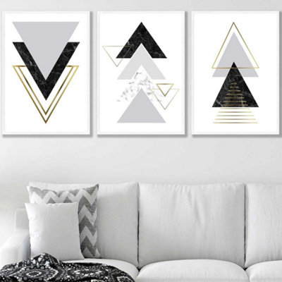 Artze Wall Art Set Of 3 Black Grey Geometric Triangle Set Wall Art Prints / 50X70Cm / White Frame from B&Q