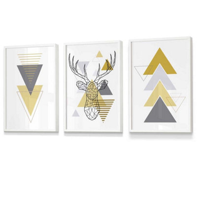 Artze Wall Art Set Of 3 Geometric Line Art Yellow Stag Head Triangles Wall Art Prints / 30X42Cm (A3) / White Frame from B&Q