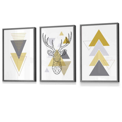 Artze Wall Art Set Of 3 Geometric Line Art Yellow Stag Head Triangles Wall Art Prints / 30X42Cm (A3) / Dark Grey Frame from B&Q