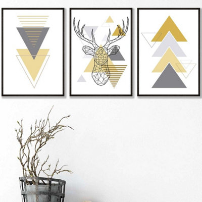 Artze Wall Art Set Of 3 Geometric Line Art Yellow Stag Head Triangles Wall Art Prints / 42X59Cm (A2) / Black Frame from B&Q