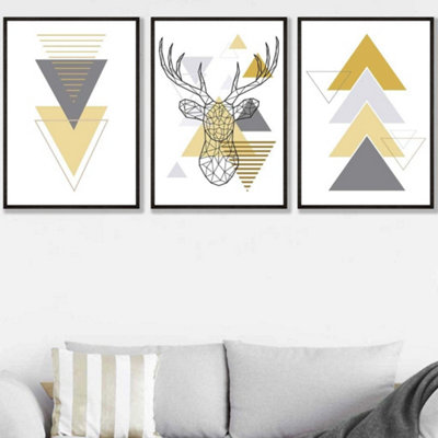 Artze Wall Art Set Of 3 Geometric Line Art Yellow Stag Head Triangles Wall Art Prints / 50X70Cm / Black Frame from B&Q