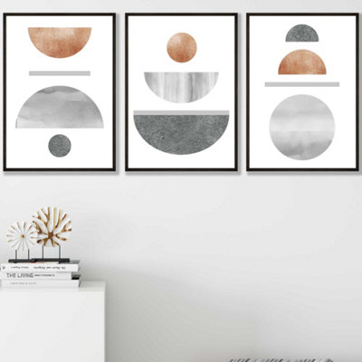 Artze Wall Art Set Of 3 Copper And Grey Abstract Mid Century Geometric Wall Art Prints / 42X59Cm (A2) / Black Frame from B&Q