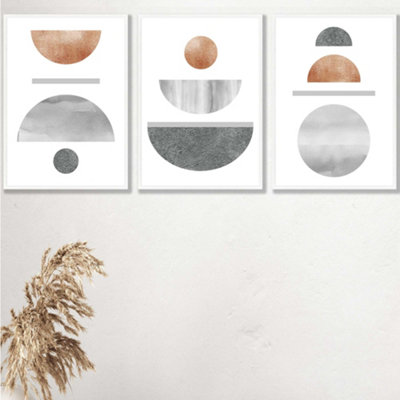 Artze Wall Art Set Of 3 Copper And Grey Abstract Mid Century Geometric Wall Art Prints / 42X59Cm (A2) / White Frame from B&Q