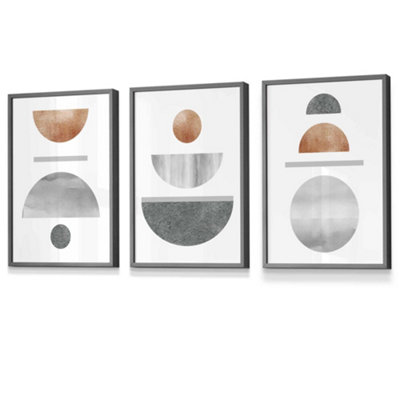 Artze Wall Art Set Of 3 Copper And Grey Abstract Mid Century Geometric Wall Art Prints / 30X42Cm (A3) / Grey Frame from B&Q