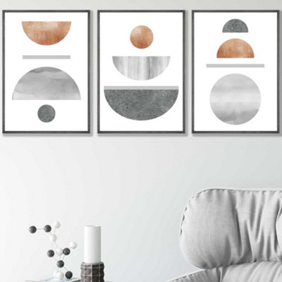 Artze Wall Art Set Of 3 Copper And Grey Abstract Mid Century Geometric Wall Art Prints / 42X59Cm (A2) / Grey Frame from B&Q