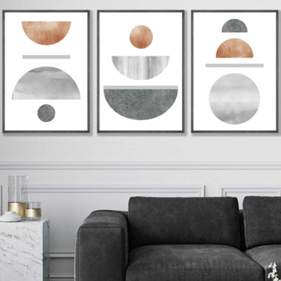 Artze Wall Art Set Of 3 Copper And Grey Abstract Mid Century Geometric Wall Art Prints / 50X70Cm / Grey Frame from B&Q