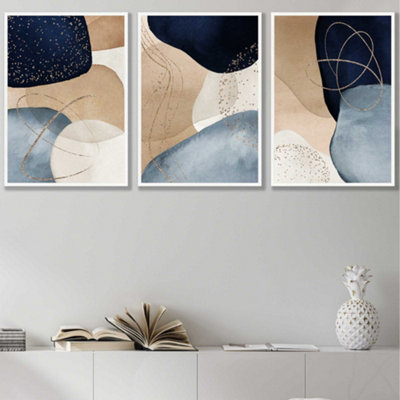 Artze Wall Art Set Of 3 Abstract BlueBeigeGold Shapes Wall Art Prints / 42X59Cm (A2) / White Frame from B&Q
