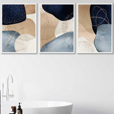 Artze Wall Art Set Of 3 Abstract BlueBeigeGold Shapes Wall Art Prints / 50X70Cm / White Frame from B&Q