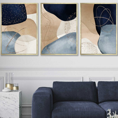 Artze Wall Art Set Of 3 Abstract BlueBeigeGold Shapes Wall Art Prints / 50X70Cm / Gold Frame from B&Q