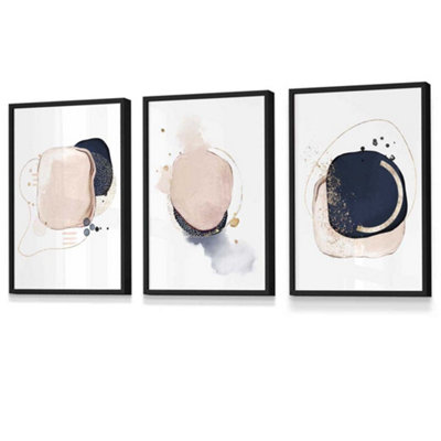 Artze Wall Art Set Of 3 Framed Abstract Navy Blue And Blush Pink Wall Art Prints / 30X42Cm (A3) / Black Frame from B&Q