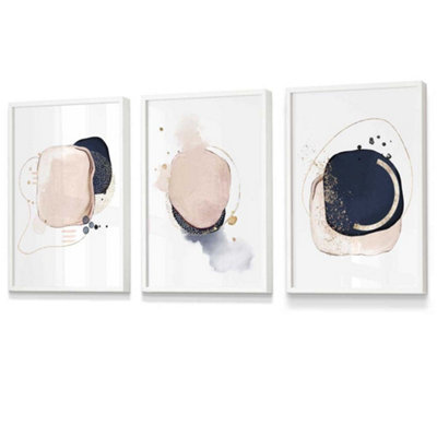 Artze Wall Art Set Of 3 Framed Abstract Navy Blue And Blush Pink Wall Art Prints / 30X42Cm (A3) / White Frame from B&Q