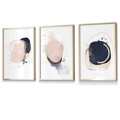 Artze Wall Art Set Of 3 Framed Abstract Navy Blue And Blush Pink Wall Art Prints / 30X42Cm (A3) / Gold Frame from B&Q
