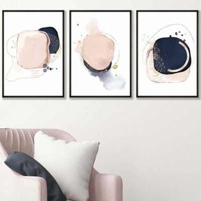 Artze Wall Art Set Of 3 Framed Abstract Navy Blue And Blush Pink Wall Art Prints / 42X59Cm (A2) / Black Frame from B&Q