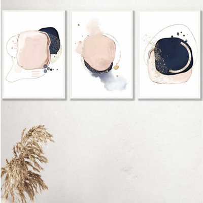 Artze Wall Art Set Of 3 Framed Abstract Navy Blue And Blush Pink Wall Art Prints / 42X59Cm (A2) / White Frame from B&Q