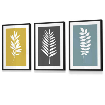 Artze Wall Art Set Of 3 Framed YellowGreyBlue Graphical Leaves Wall Art Prints / 30X42Cm (A3) / Black Frame from B&Q