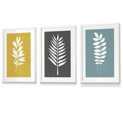 Artze Wall Art Set Of 3 Framed YellowGreyBlue Graphical Leaves Wall Art Prints / 30X42Cm (A3) / White Frame from B&Q