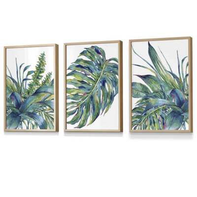 Artze Wall Art Set Of 3 Framed Blue Green Watercolour Tropical Leaves Wall Art Prints / 30X42Cm (A3) / Oak Frame from B&Q