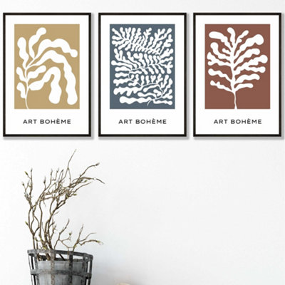 Set Of 3 Framed Framed Boho Abstract YellowBlueRed Floral Shapes / 30X42Cm (A3) / Black from B&Q