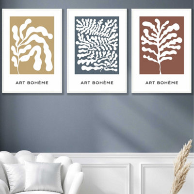 Set Of 3 Framed Framed Boho Abstract YellowBlueRed Floral Shapes / 42X59Cm (A2) / White from B&Q