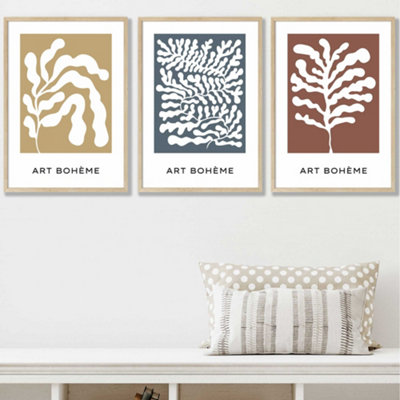 Set Of 3 Framed Framed Boho Abstract YellowBlueRed Floral Shapes / 42X59Cm (A2) / Oak from B&Q