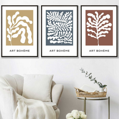 Set Of 3 Framed Framed Boho Abstract YellowBlueRed Floral Shapes / 50X70Cm / Black from B&Q