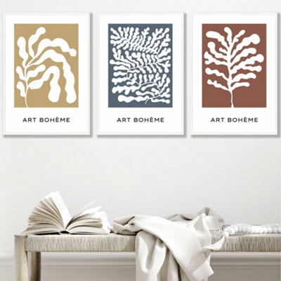 Set Of 3 Framed Framed Boho Abstract YellowBlueRed Floral Shapes / 50X70Cm / White from B&Q