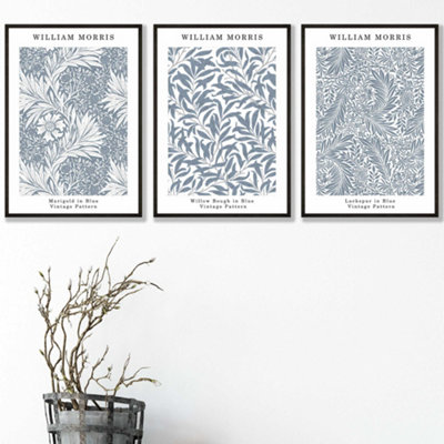 Artze Wall Art Set Of 3 Framed Blue William Morris Vintage Floral / 30X42Cm (A3) / Black from B&Q