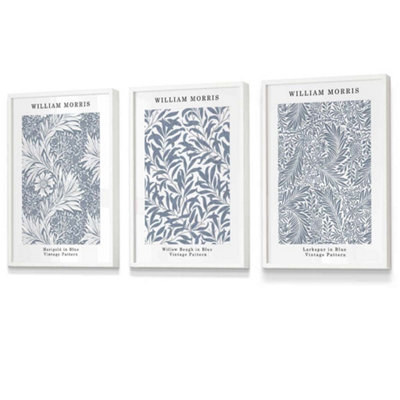 Artze Wall Art Set Of 3 Framed Blue William Morris Vintage Floral / 30X42Cm (A3) / White from B&Q