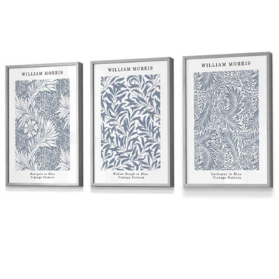 Artze Wall Art Set Of 3 Framed Blue William Morris Vintage Floral / 30X42Cm (A3) / Light Grey from B&Q