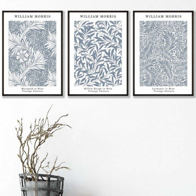 Artze Wall Art Set Of 3 Framed Blue William Morris Vintage Floral / 42X59Cm (A2) / Black from B&Q
