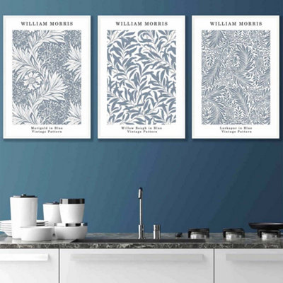 Artze Wall Art Set Of 3 Framed Blue William Morris Vintage Floral / 42X59Cm (A2) / White from B&Q