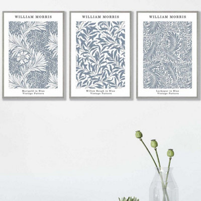 Artze Wall Art Set Of 3 Framed Blue William Morris Vintage Floral / 42X59Cm (A2) / Light Grey from B&Q