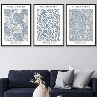 Artze Wall Art Set Of 3 Framed Blue William Morris Vintage Floral / 50X70Cm / Black from B&Q