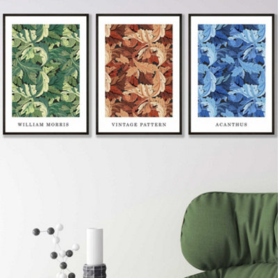 Set Of 3 Framed BlueGreen Brown William Morris Floral / 30X42Cm (A3) / Black from B&Q