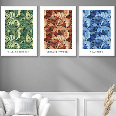 Set Of 3 Framed Framed BlueGreen Brown William Morris Floral / 50X70Cm / White from B&Q
