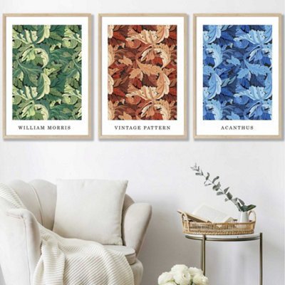 Set Of 3 Framed Framed BlueGreen Brown William Morris Floral / 50X70Cm / Oak from B&Q